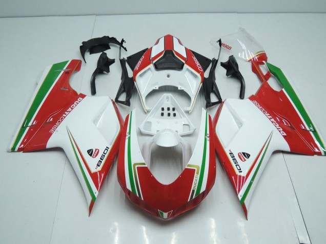 White and Red with Green Stripe 2007-2014 Ducati 848 1098 1198 Motorcycle Fairings